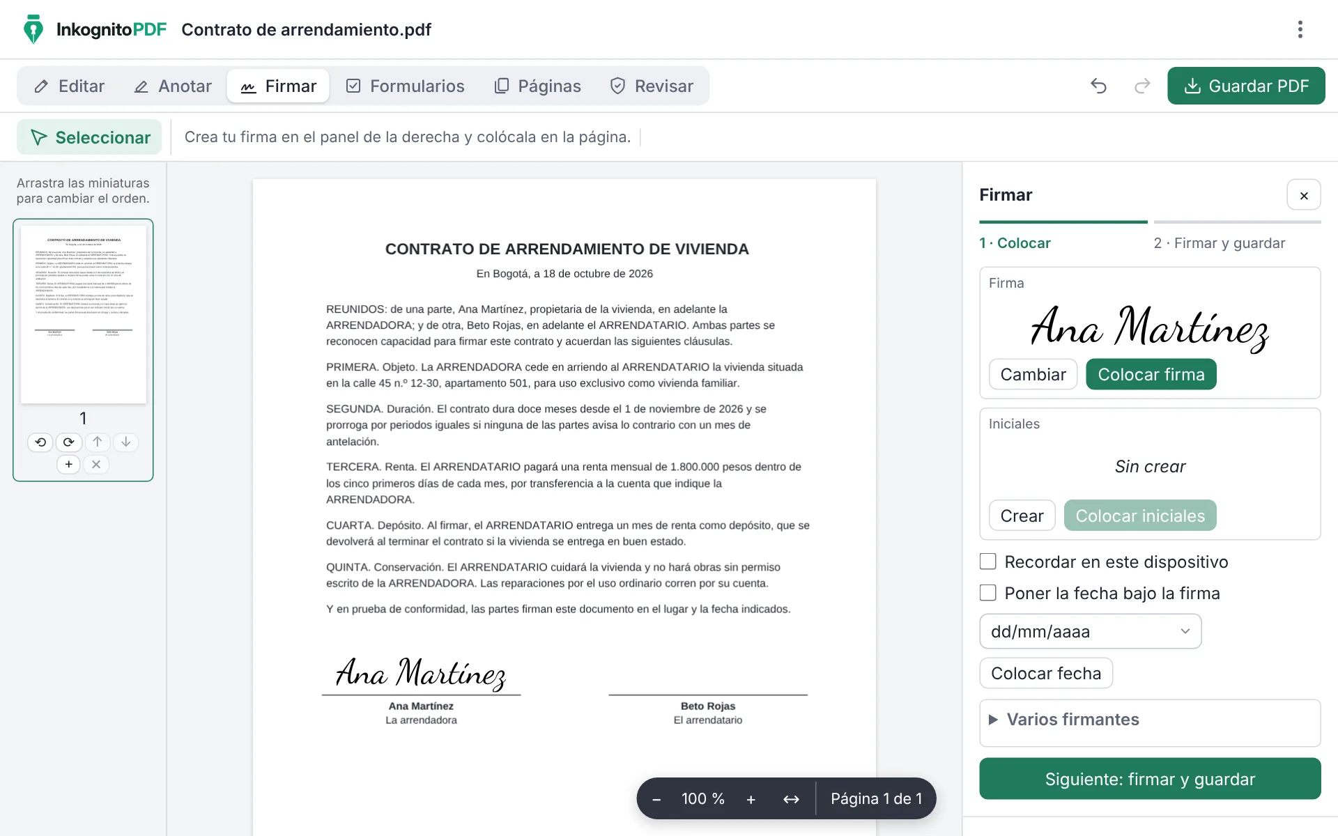InkognitoPDF con un contrato abierto y una firma colocándose sobre la línea de firma.