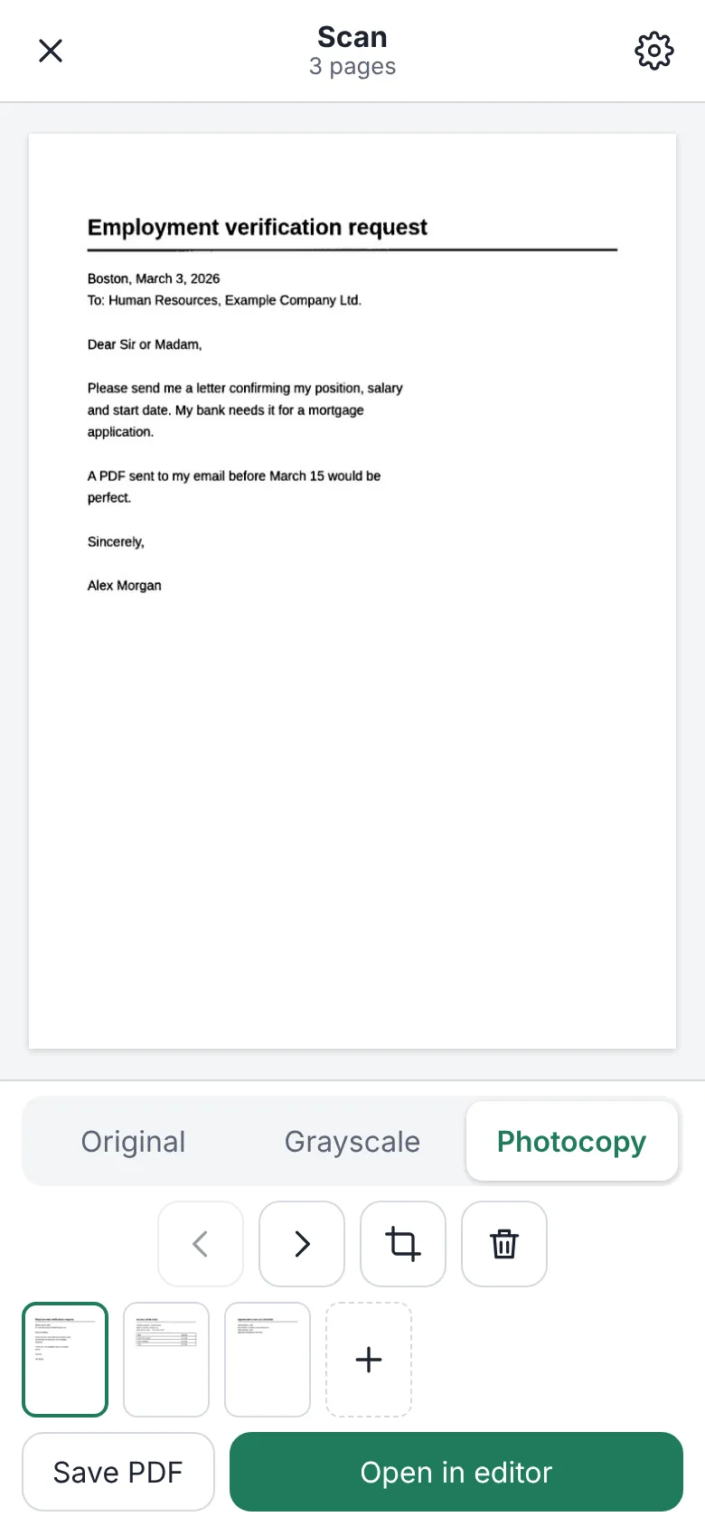 Several pages scanned in InkognitoPDF, ready to be saved as one PDF.