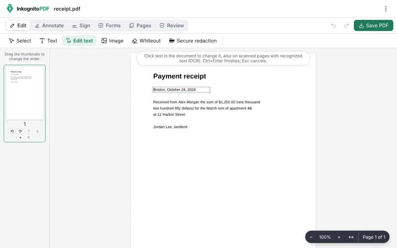The InkognitoPDF editor changing a line of text in a PDF.