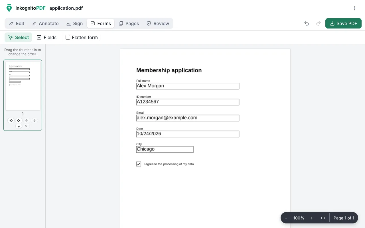 A sample form open in InkognitoPDF with its fields already filled in.