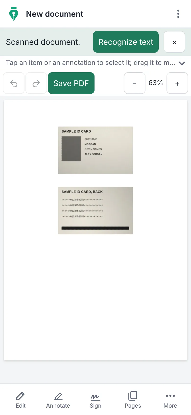 Both sides of a sample ID card together on one page, in the InkognitoPDF scanner.