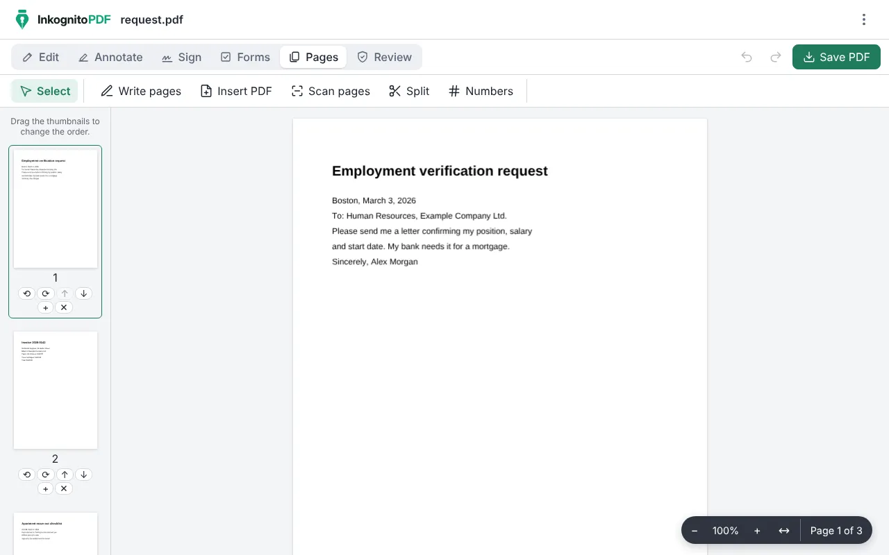 InkognitoPDF with three documents merged into one PDF and their page thumbnails.
