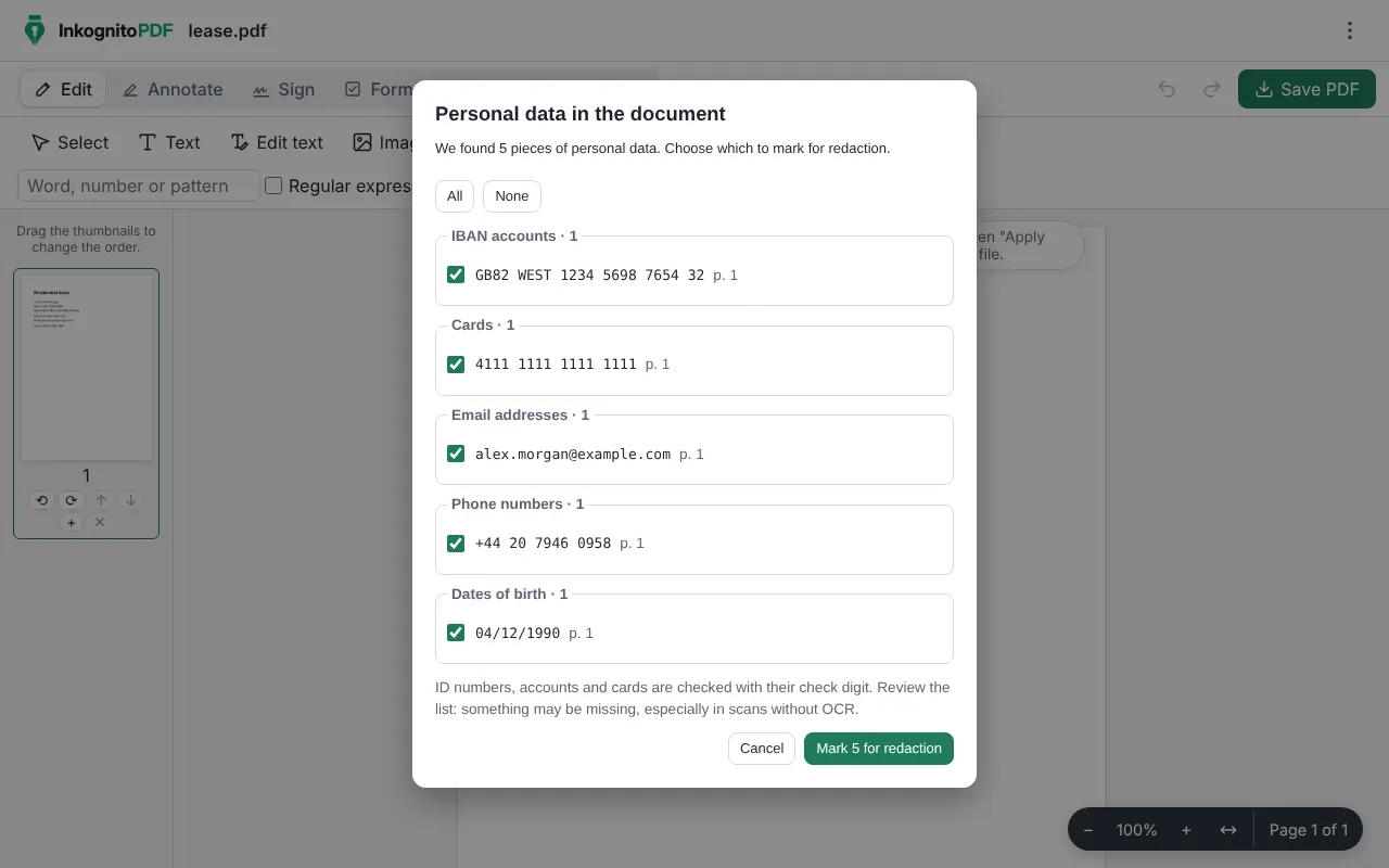 InkognitoPDF listing the personal data found in a sample contract, ready to be marked and removed.