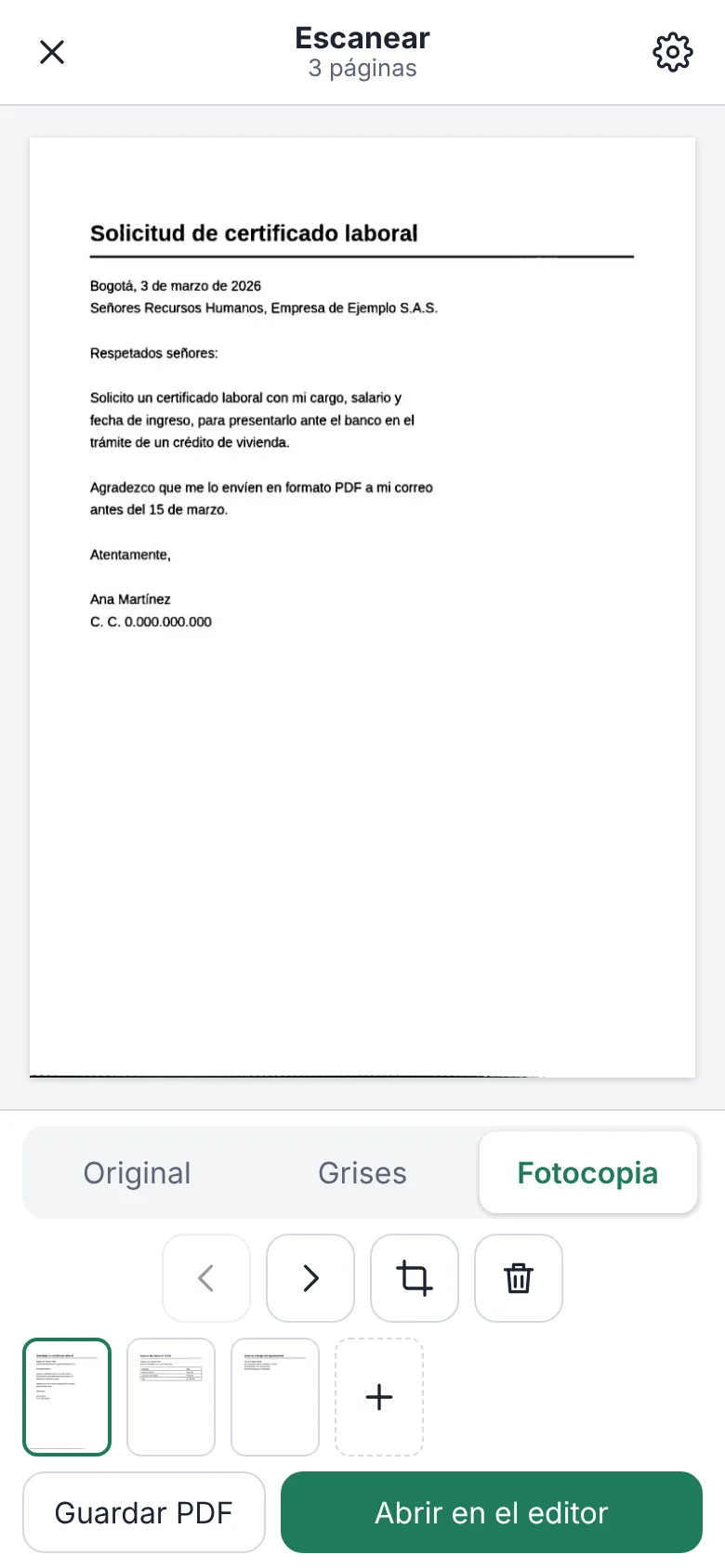 Varias hojas escaneadas en InkognitoPDF, listas para guardarse en un solo PDF.