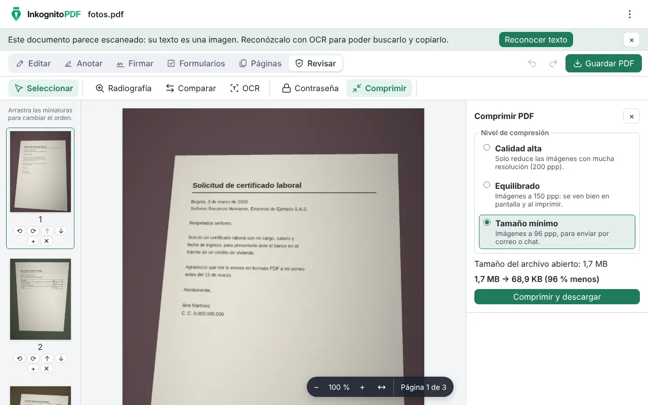 El panel Comprimir PDF de InkognitoPDF con el tamaño antes y después de comprimir.