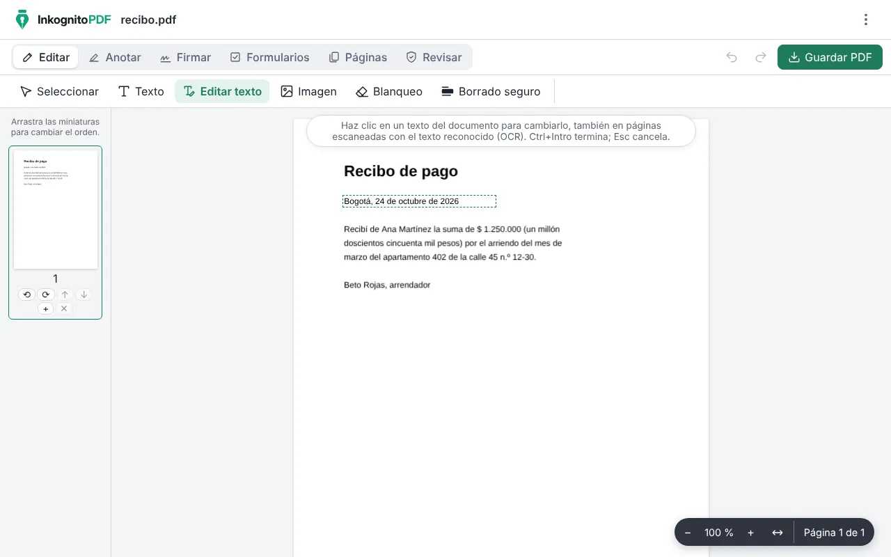 El editor de InkognitoPDF cambiando una línea de texto de un PDF.
