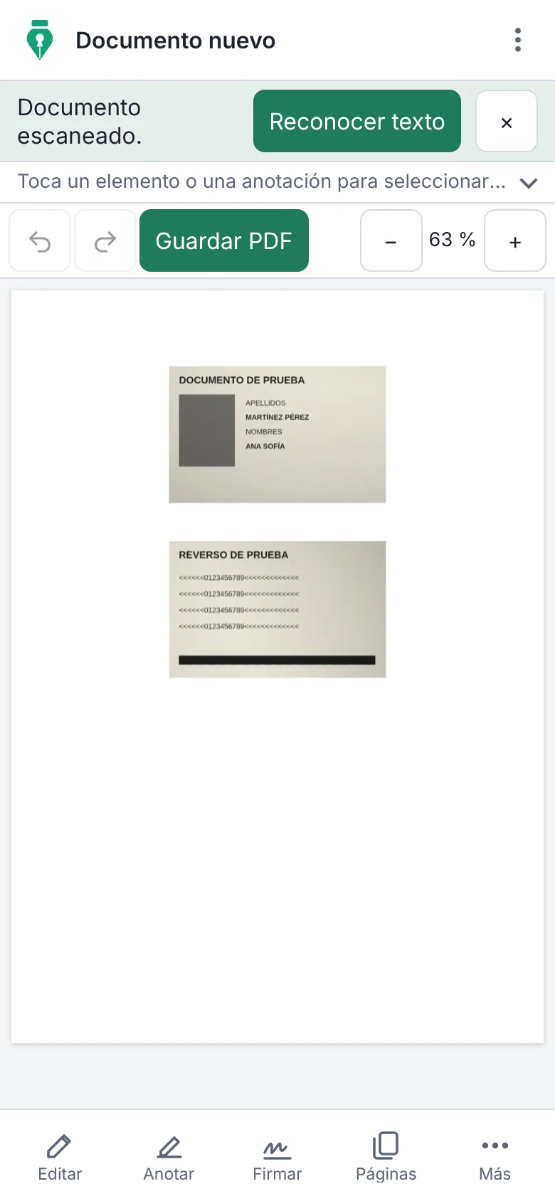 Las dos caras de un documento de identidad de prueba juntas en una hoja, en el escáner de InkognitoPDF.