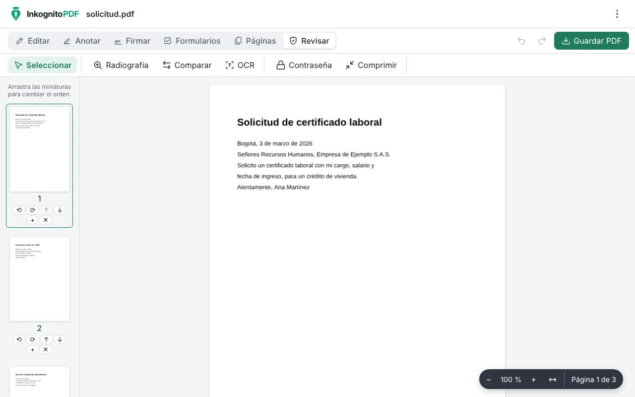 El editor de InkognitoPDF con un documento abierto y las herramientas para revisar, proteger y comprimir.