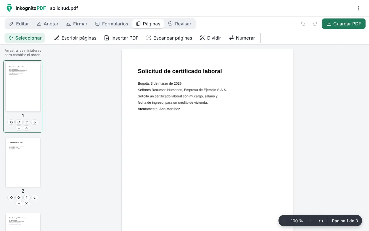 InkognitoPDF con tres documentos unidos en un solo PDF y sus páginas en miniatura.